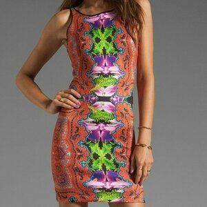 Clover Canyon Dress Orchid Trip Size Small Orange Neoprene Scuba Bodycon Sheath